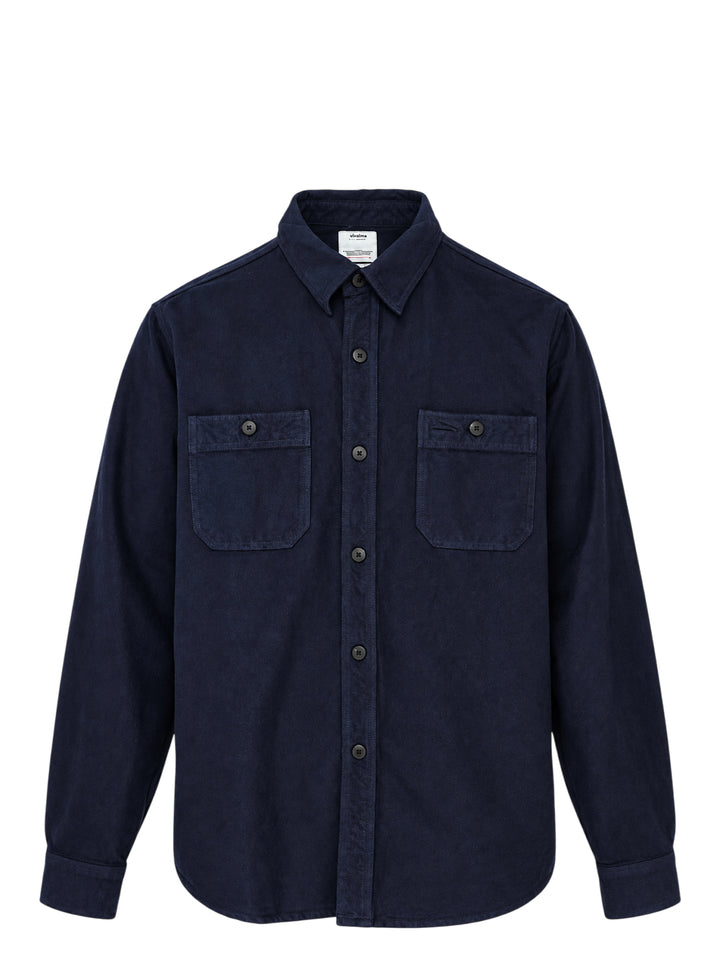 visvim Larrikan long sleeve shirt in navy with two button-flap chest pockets and dark buttons, shown from the front