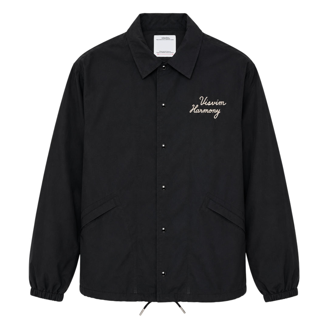 visvim Windfall Coach Jacket in black with embroidered Harmony script, snap-button front closure, and elasticated cuffs