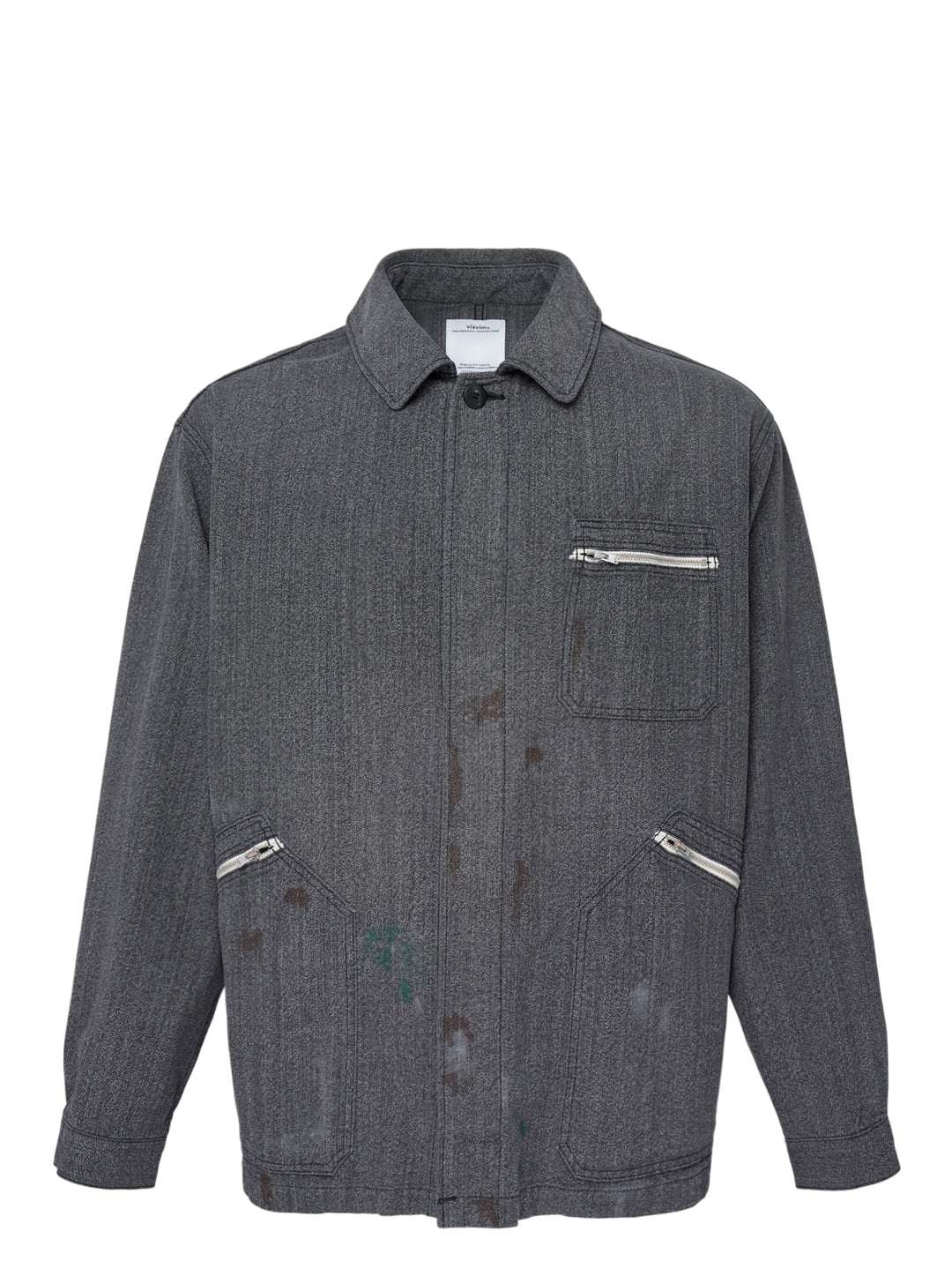 visvim Eclair Coverall Custom Long jacket in washed charcoal grey with paint splatter details, zip chest pocket and angled zip waist pockets