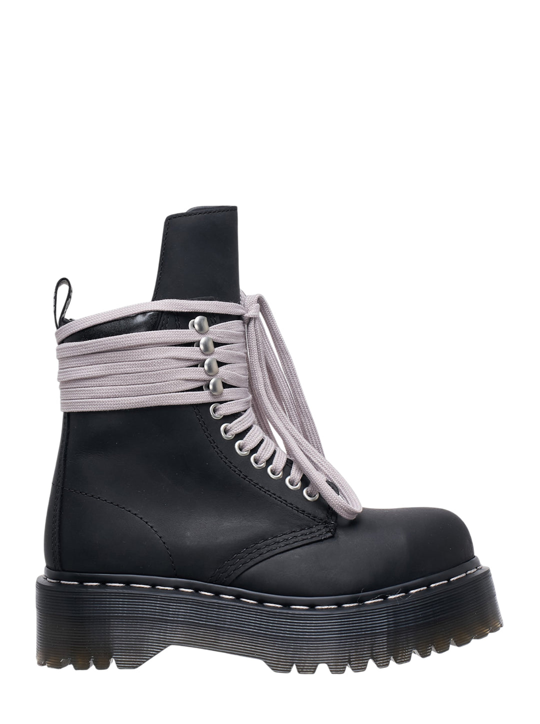 Rick Owens x Dr. Martens Quad Sole Platform Boot in black leather with lilac wrap laces and chunky ridged platform sole, side view