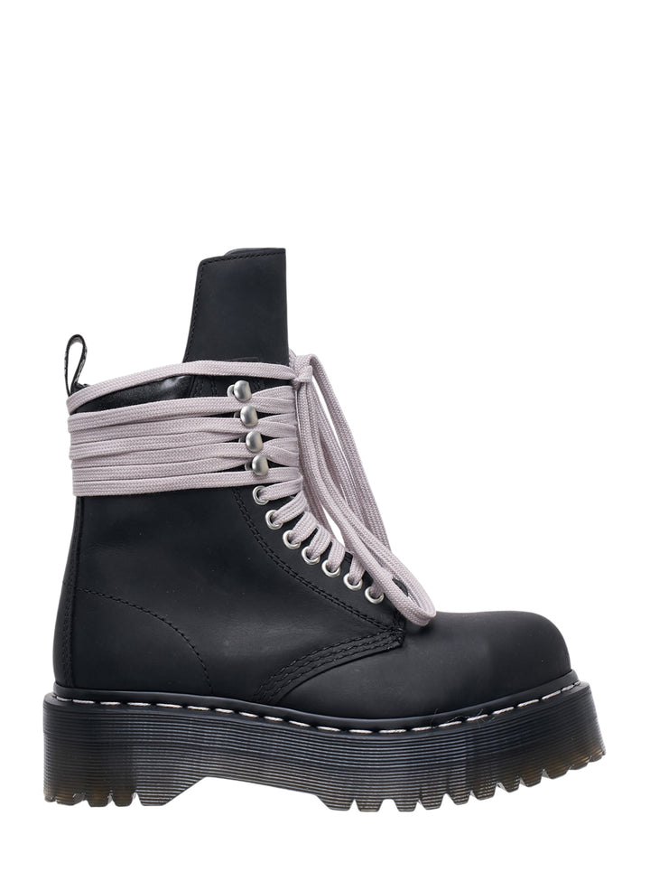 Rick Owens x Dr. Martens Quad Sole Platform Boot in black leather with lilac wrap laces and chunky ridged platform sole, side view