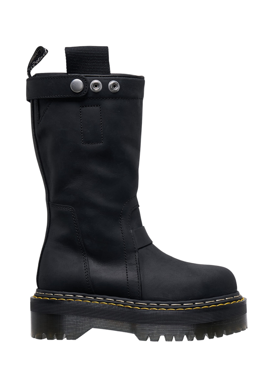 Rick Owens x Dr. Martens Quad Sole Pull On Boot in black leather with snap-tab collar strap, grosgrain pull tab, and chunky yellow-stitched platform sole