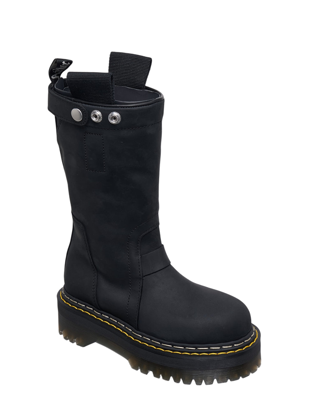 Rick Owens x Dr. Martens Quad Sole Pull On Boot in black leather with snap-tab collar strap, grosgrain pull tab, and chunky yellow-stitched platform sole - view 2
