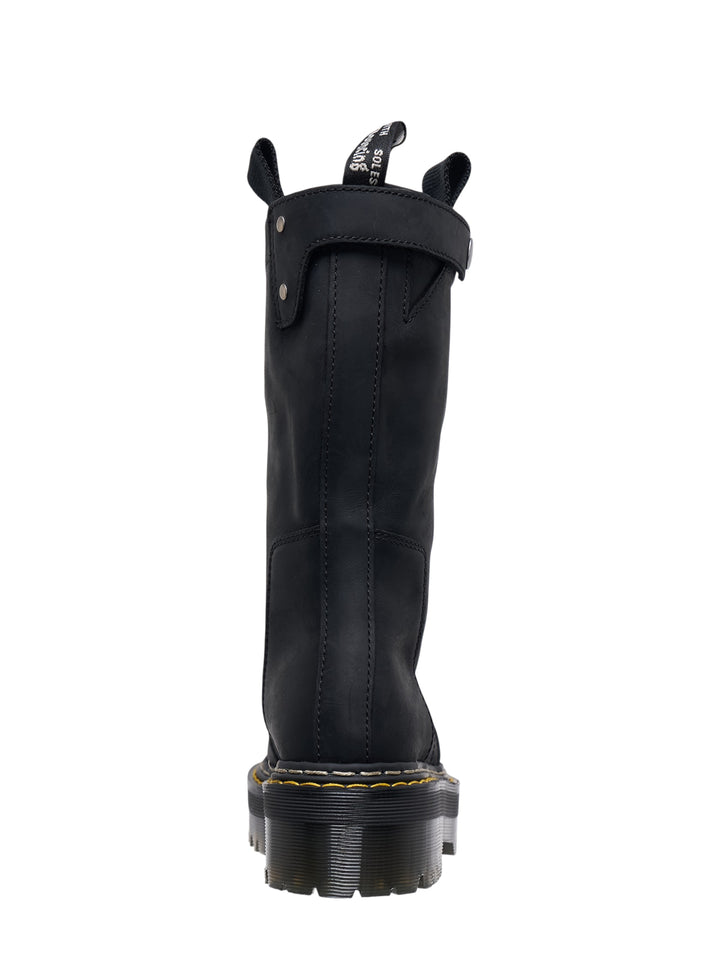 Rick Owens x Dr. Martens Quad Sole Pull On Boot in black leather with snap-tab collar strap, grosgrain pull tab, and chunky yellow-stitched platform sole - view 3