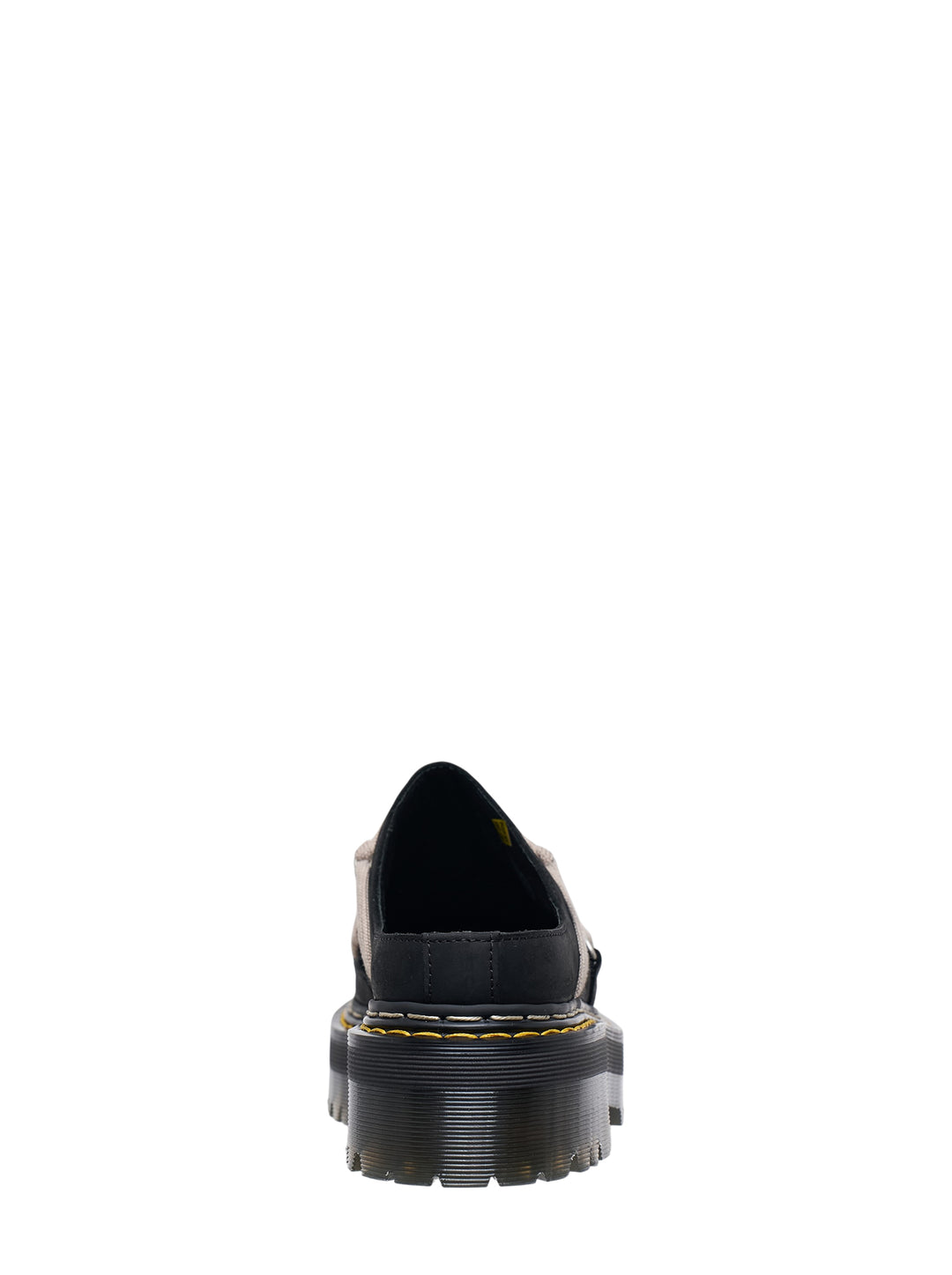 Rick Owens x Dr. Martens Quad Sole Megalace flatform mule in black with beige cord lacing, silver D-ring hardware, and chunky yellow-stitched cleated platform sole, side profile view - view 3