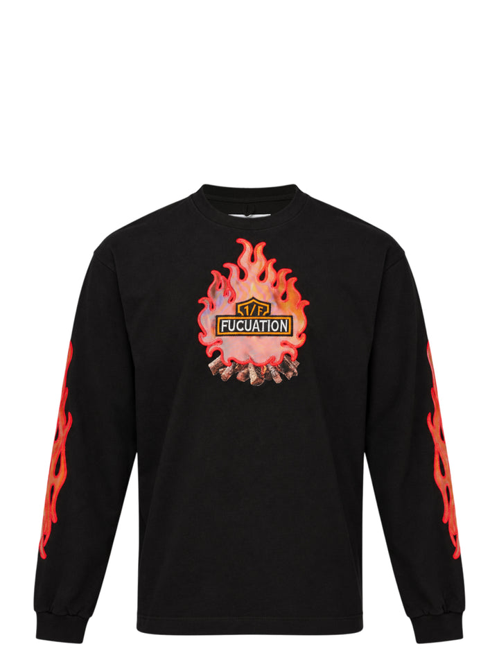 doublet black long sleeve tee with a lenticular campfire flame appliqué and Fucuation badge on the chest, with flame appliqués down both sleeves