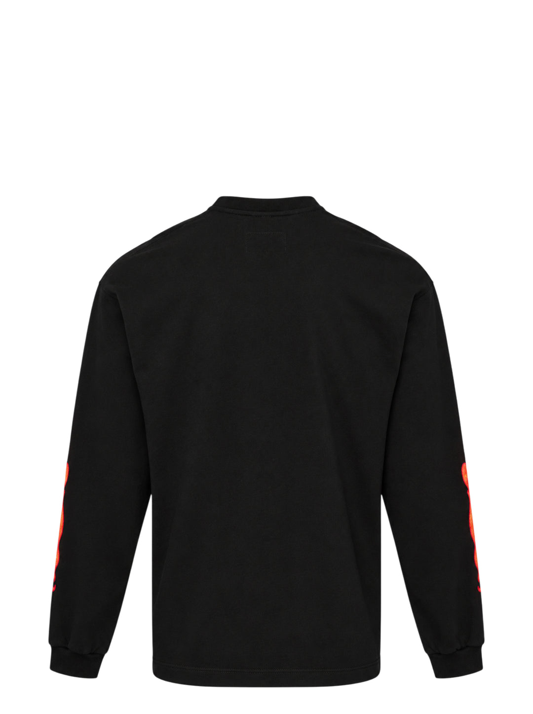 doublet black long sleeve tee with a lenticular campfire flame appliqué and Fucuation badge on the chest, with flame appliqués down both sleeves - view 2