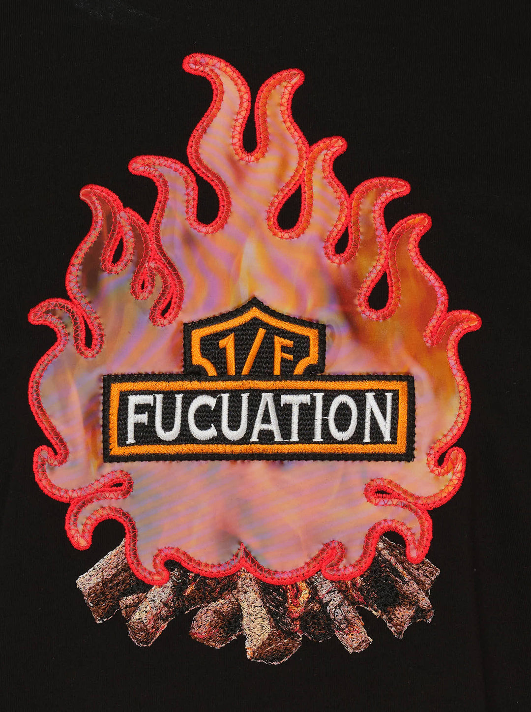 doublet black long sleeve tee with a lenticular campfire flame appliqué and Fucuation badge on the chest, with flame appliqués down both sleeves - view 3