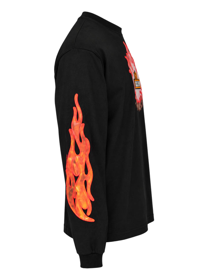 doublet black long sleeve tee with a lenticular campfire flame appliqué and Fucuation badge on the chest, with flame appliqués down both sleeves - view 4