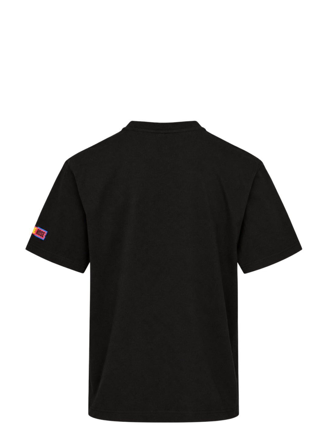 Martine Rose black short-sleeve T-shirt with a yellow, red and blue Flash Forward graphic patch on the chest - view 2
