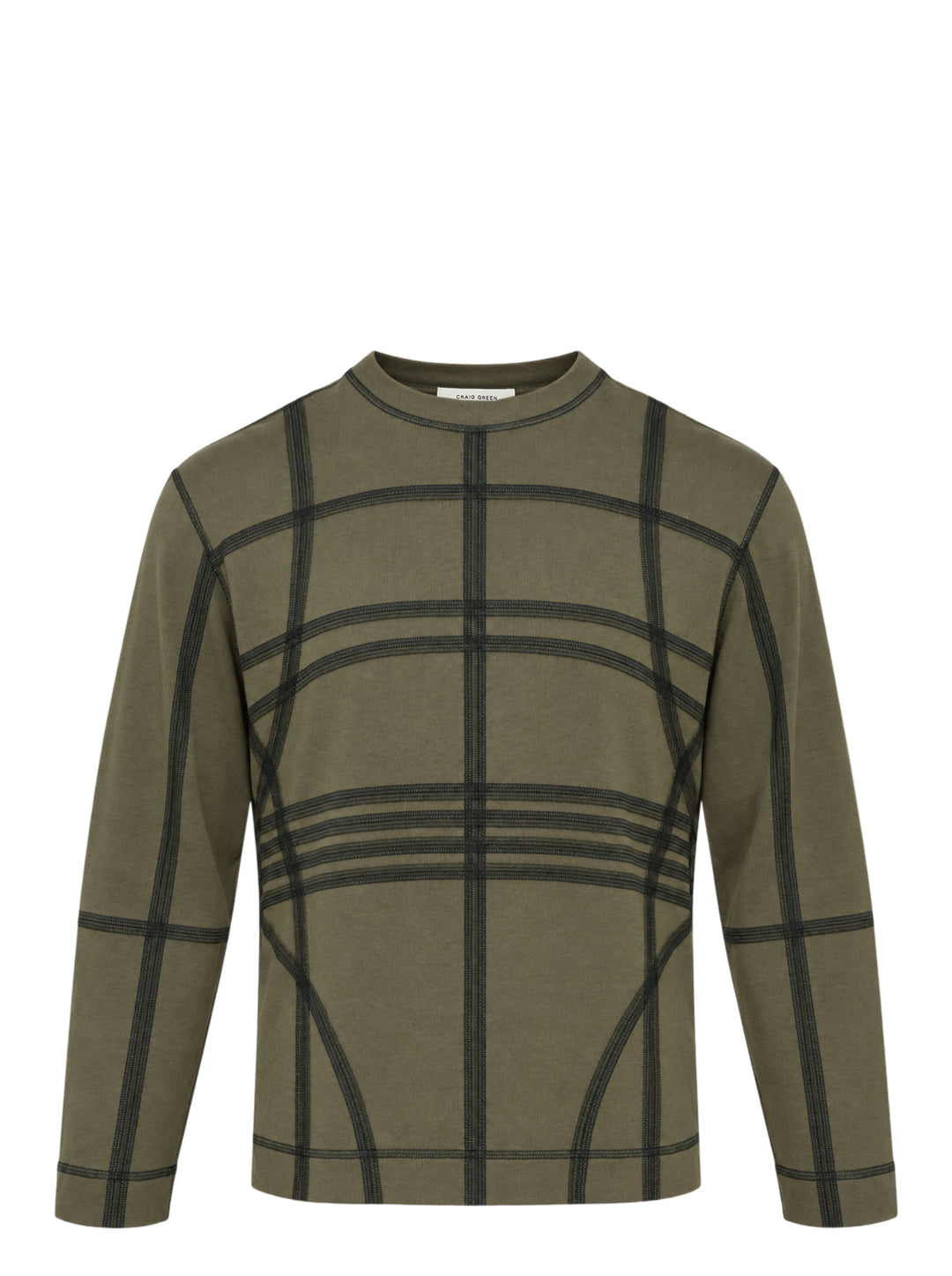 Craig Green olive long sleeve T-shirt with black flatlock stitching forming a grid pattern across the body and sleeves