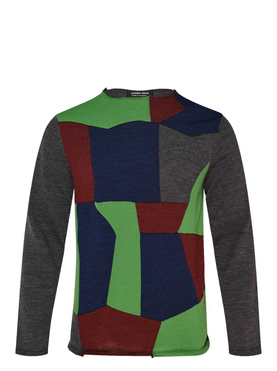 Comme des Garçons Homme Deux long sleeve crew-neck sweater with geometric patchwork panels in green, burgundy and navy on a charcoal grey knit