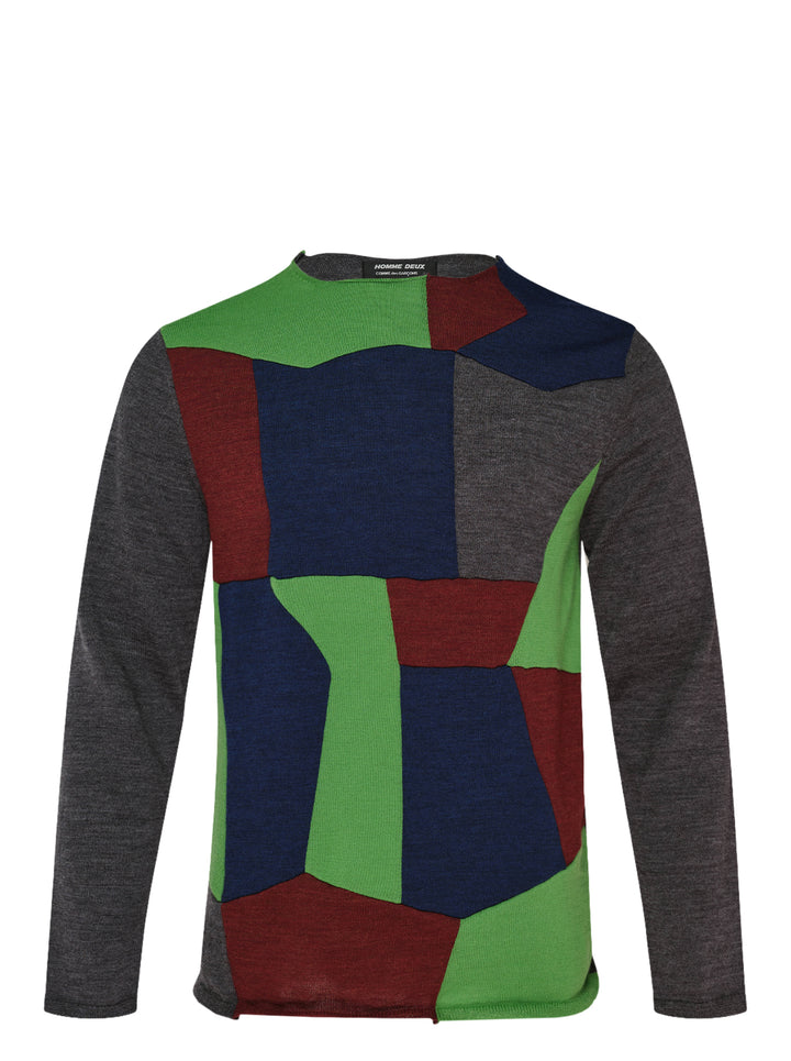 Comme des Garçons Homme Deux long sleeve crew-neck sweater with geometric patchwork panels in green, burgundy and navy on a charcoal grey knit
