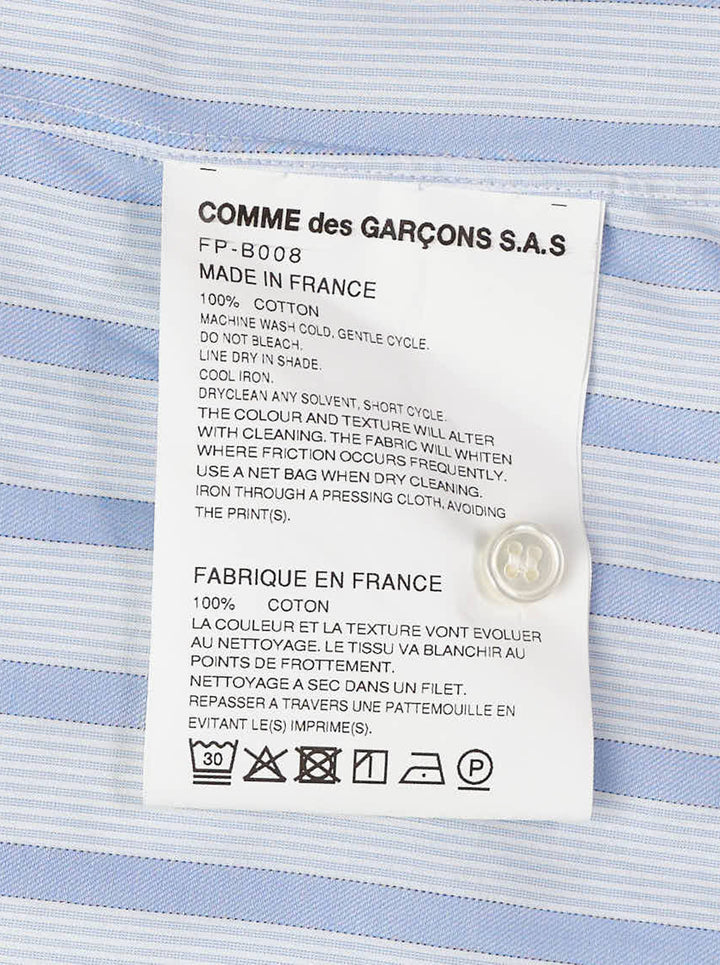 Comme des Garçons Shirt Label Stripe Shirt in blue and white stripes with red, yellow and green printed placket and Gothic 'Since 1988' lettering - view 3