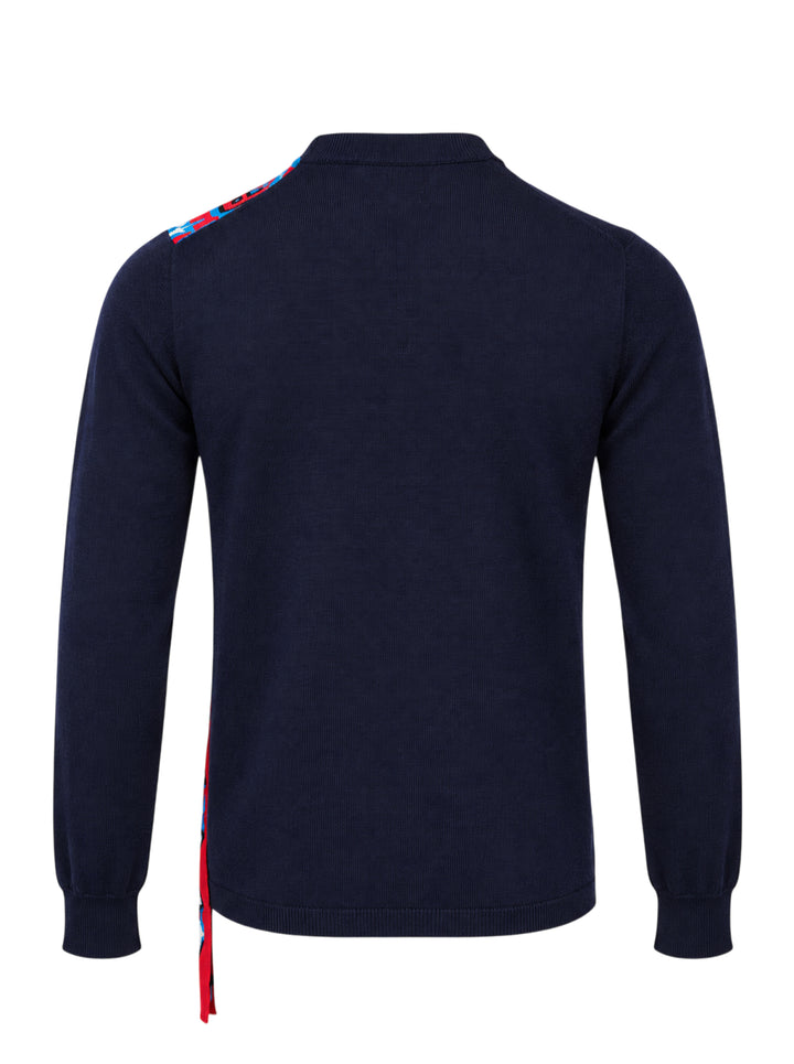 Comme des Garçons Shirt navy crewneck sweater with a vertical red and blue jacquard scarf-style panel and CDG Shirt emblem - view 2