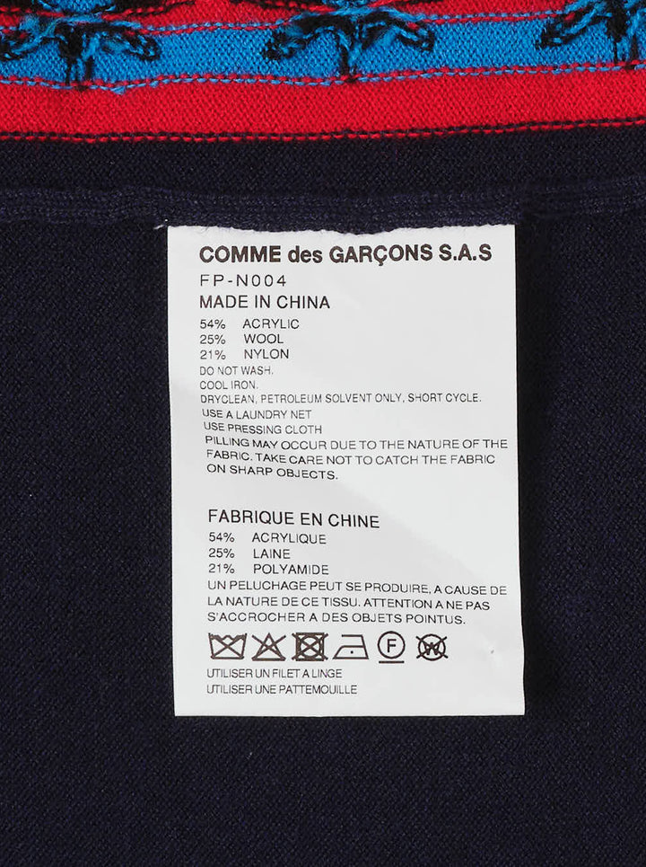 Comme des Garçons Shirt navy crewneck sweater with a vertical red and blue jacquard scarf-style panel and CDG Shirt emblem - view 3