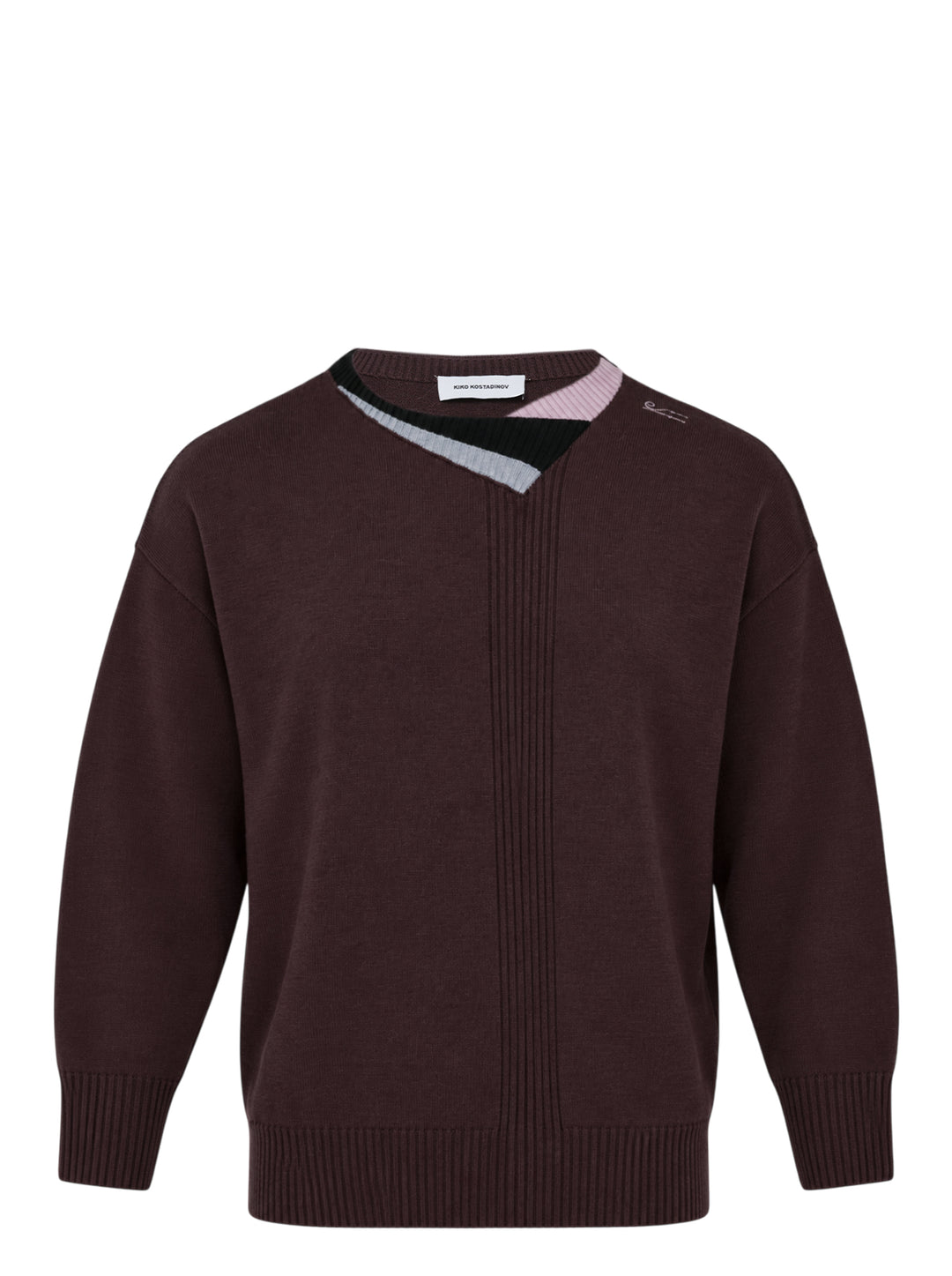 Kiko Kostadinov Multi Collar Long Sleeve Sweater in dark brown knit with layered grey, black, and pink ribbed collar and vertical rib detail