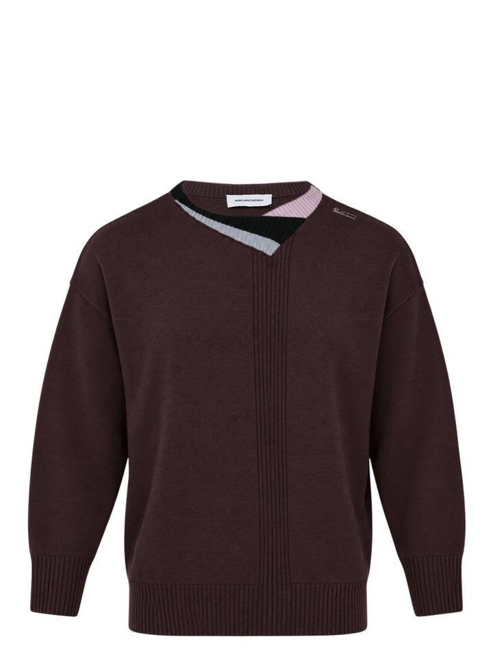 Kiko Kostadinov Multi Collar Long Sleeve Sweater in dark brown knit with layered grey, black, and pink ribbed collar and vertical rib detail