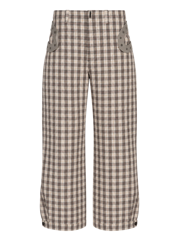 Kiko Kostadinov Fitz trousers in brown and cream gingham check with studded curved side pockets and buttoned hem tabs