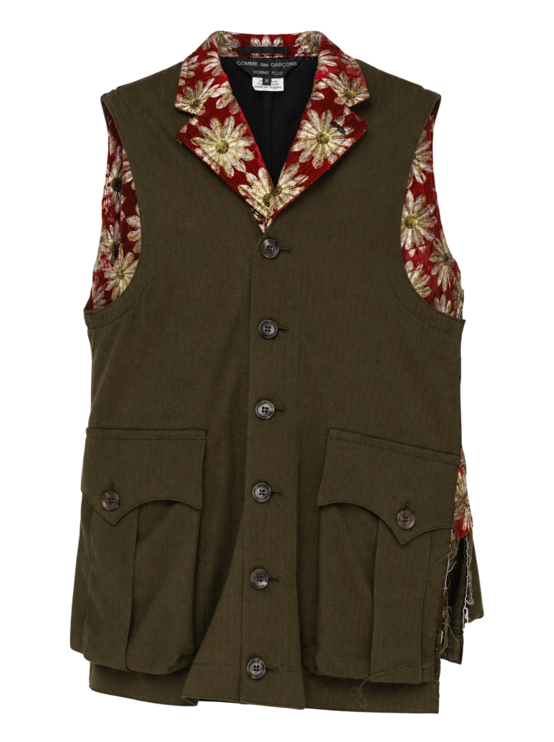 Comme des Garçons Homme Plus olive herringbone vest with floral jacquard lining, notched lapel, button front and two flap pockets