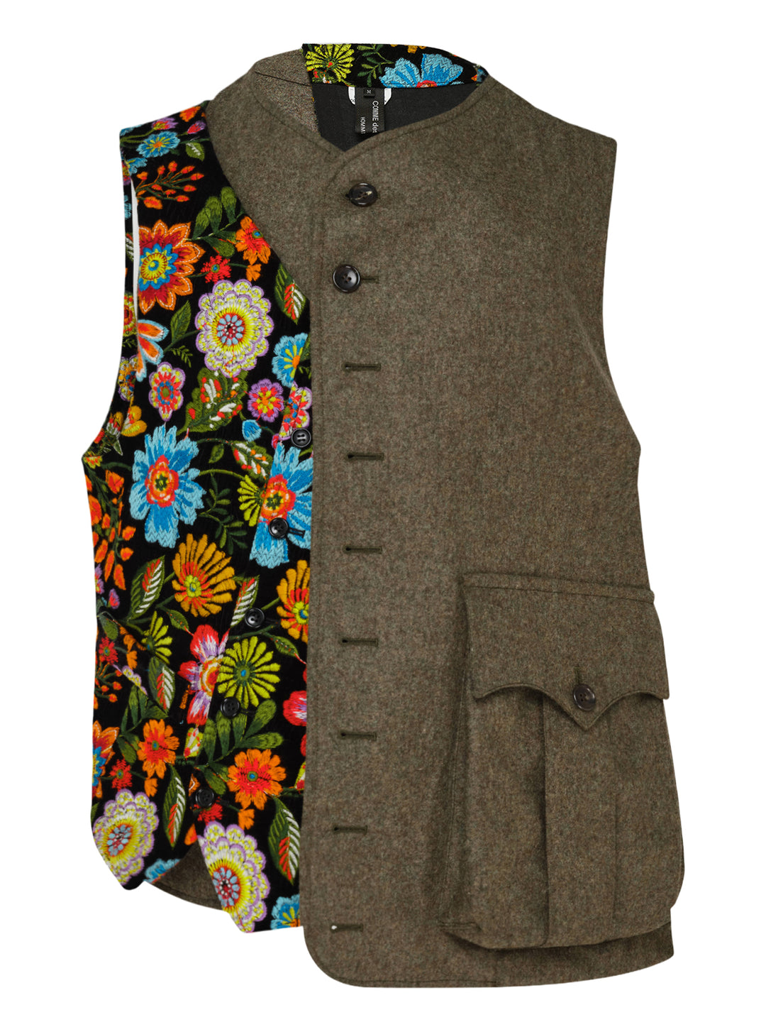 Comme des Garçons Homme Plus asymmetrical vest with an olive wool half, a multicolour embroidered floral half on black, and a large flap pocket