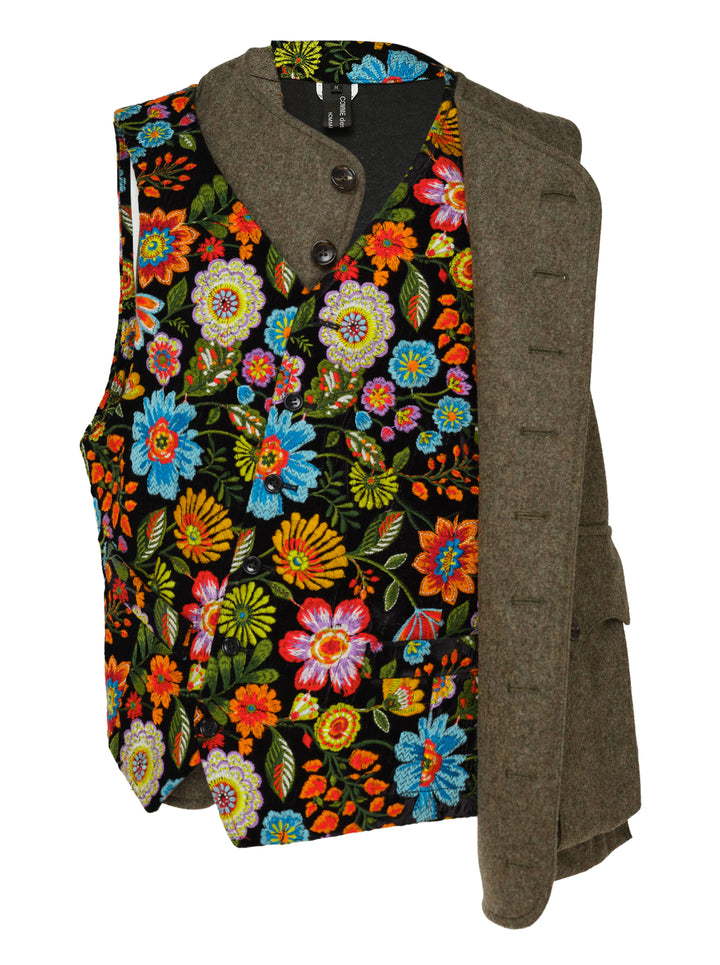 Comme des Garçons Homme Plus asymmetrical vest with an olive wool half, a multicolour embroidered floral half on black, and a large flap pocket - view 2