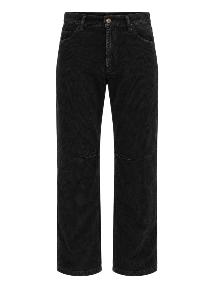 Undercover black corduroy pants with straight legs, knee seams and five-pocket styling, shown front view