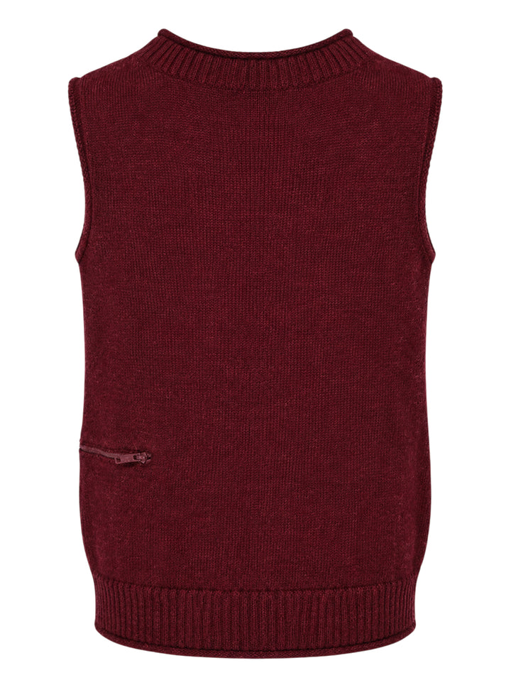 Undercover burgundy knit vest with ribbed V-neck and a horizontal zip pocket at the lower front - view 2