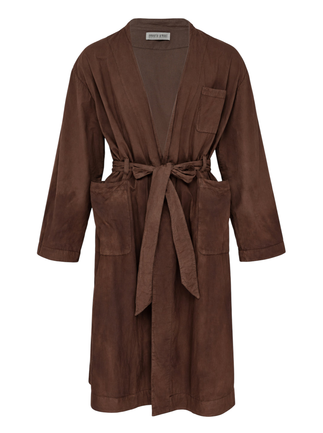 Brown garment-dyed belted toga coat with wrap front, patch pockets and tied waist belt, front view