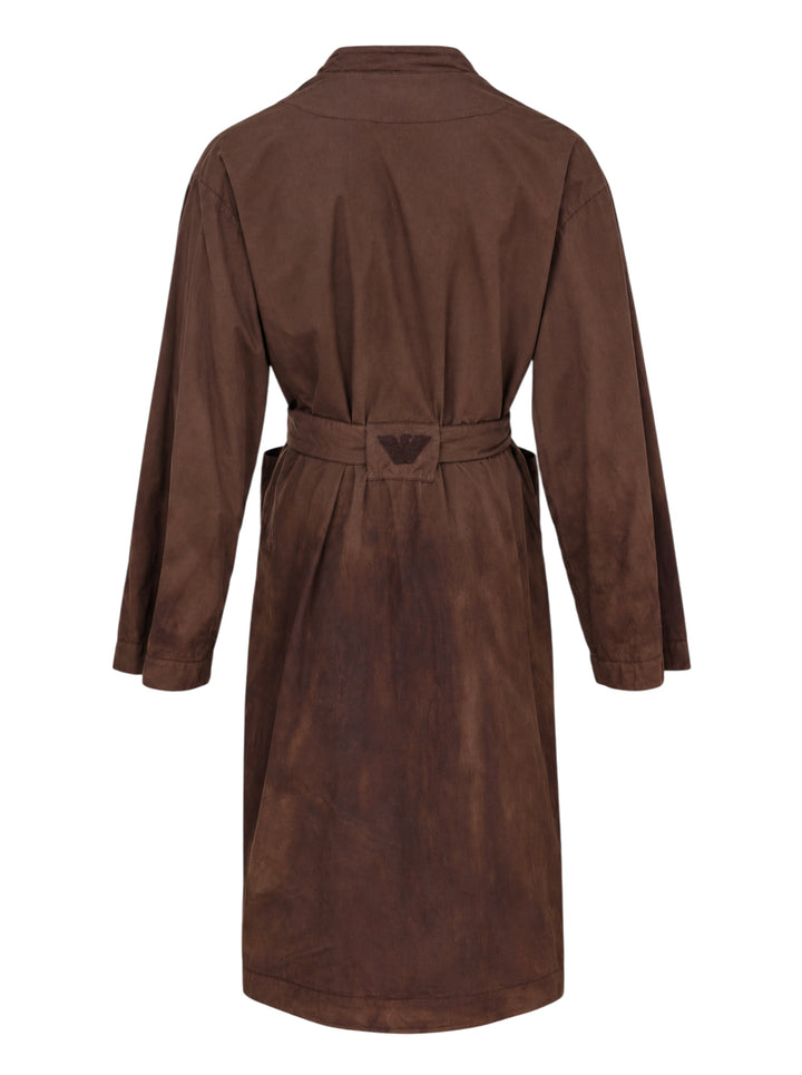 Brown garment-dyed belted toga coat with wrap front, patch pockets and tied waist belt, front view - view 2