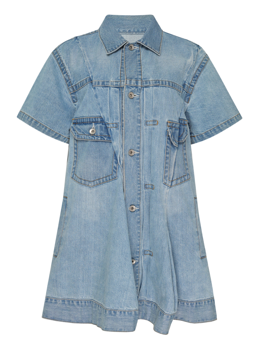 sacai light blue washed denim dress with short sleeves, collar, front button closure, chest flap pockets and pleated flared body