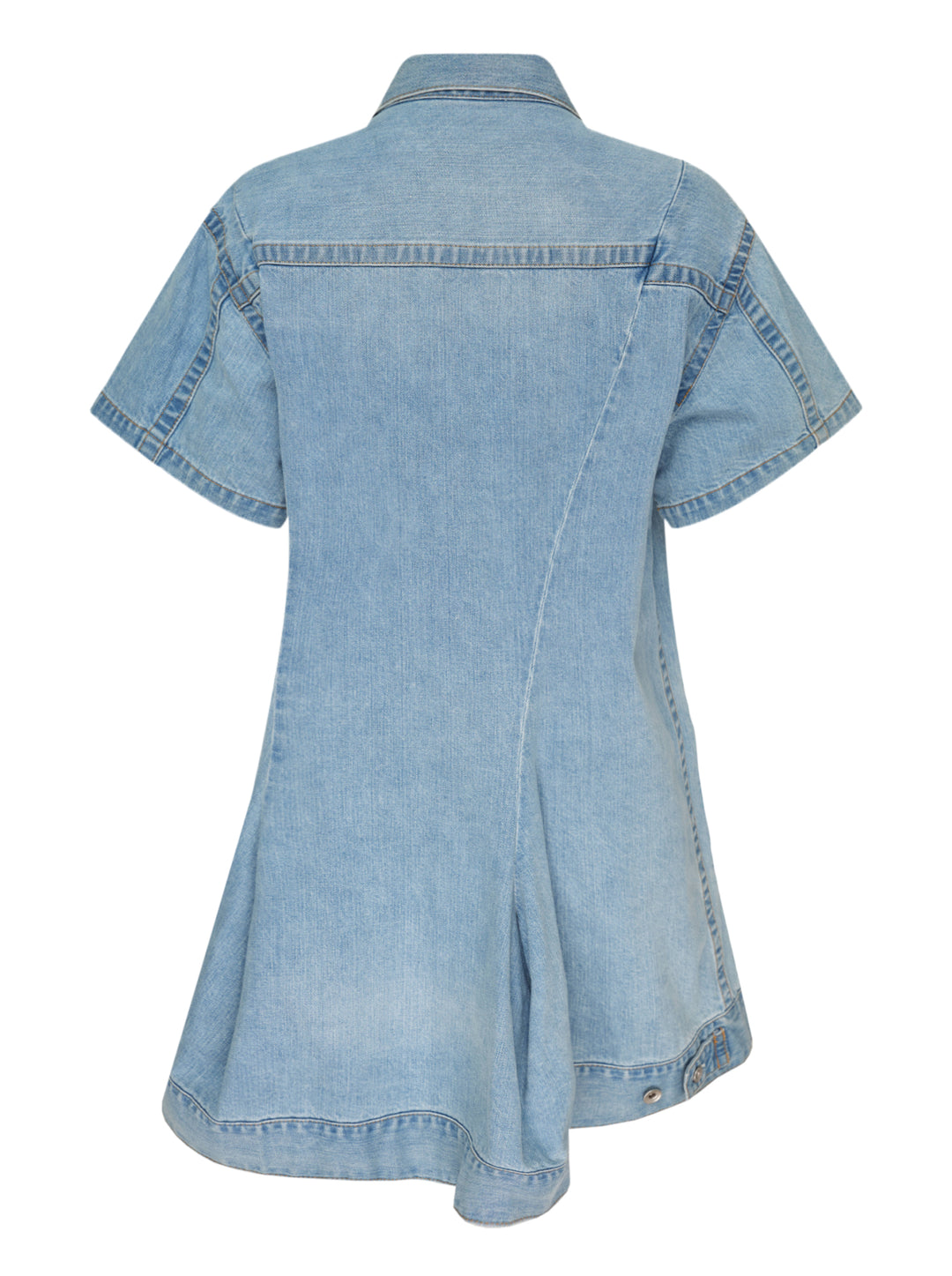 sacai light blue washed denim dress with short sleeves, collar, front button closure, chest flap pockets and pleated flared body - view 2