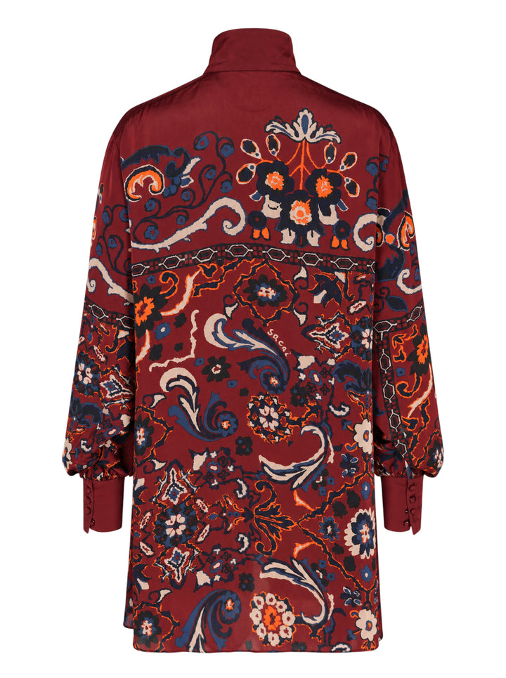 sacai burgundy satin mini dress with navy, orange and cream paisley floral print, high collar, draped scarf panel and balloon sleeves - view 2