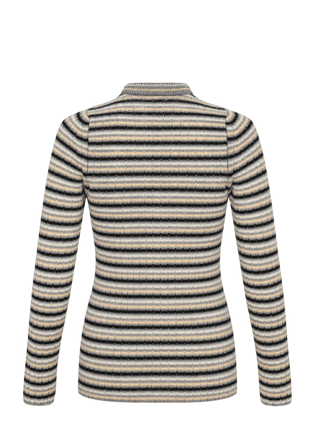Auralee striped rib knit cardigan in grey, cream, sand, and black with a button front and crew neckline - view 2