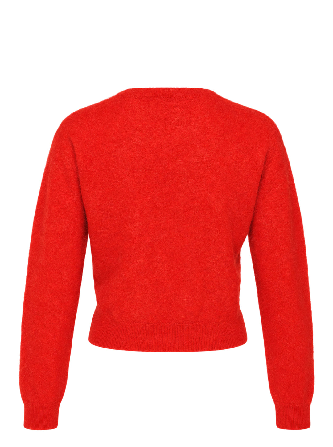 Auralee red garment-dyed baby alpaca fur cardigan with crew neckline and black button front - view 2
