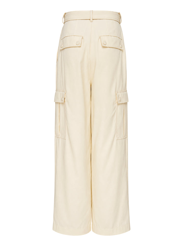 Cream belted wide-leg cargo pants with pleated front and button-flap side pockets - view 2