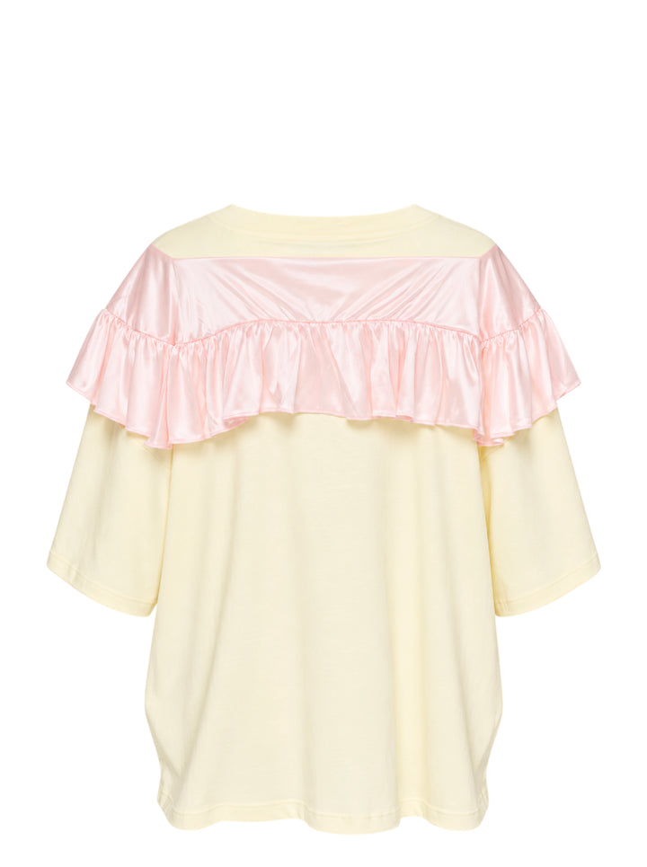 Ashley Williams Curtain T-Shirt in pale yellow with a pink satin ruffle yoke and bow detail at the chest - view 2