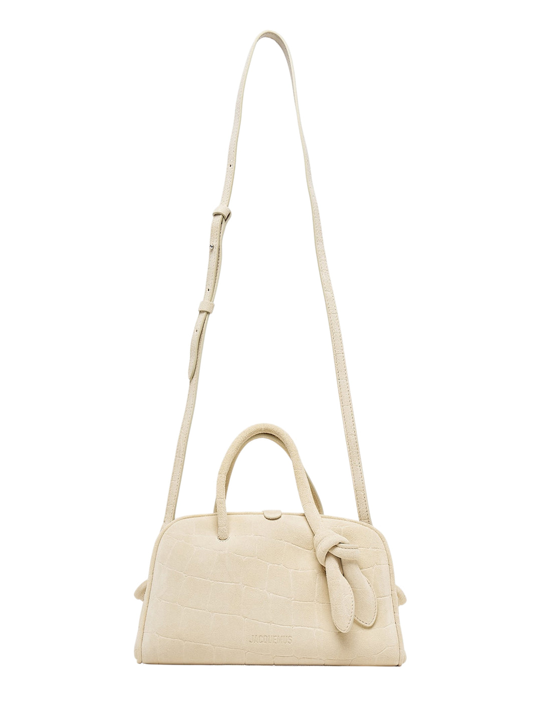 Jacquemus Le Petit Turismo top handle bag in cream croc-embossed suede with knotted handle detail and long adjustable crossbody strap