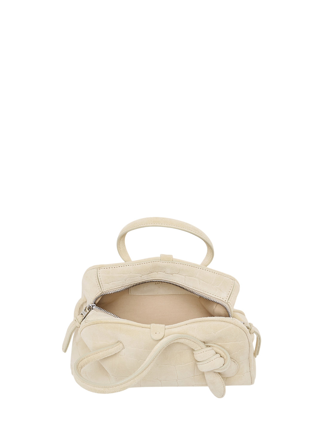 Jacquemus Le Petit Turismo top handle bag in cream croc-embossed suede with knotted handle detail and long adjustable crossbody strap - view 3