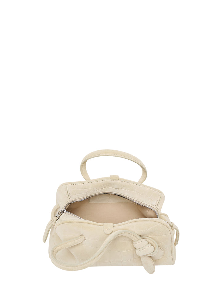Jacquemus Le Petit Turismo top handle bag in cream croc-embossed suede with knotted handle detail and long adjustable crossbody strap - view 3