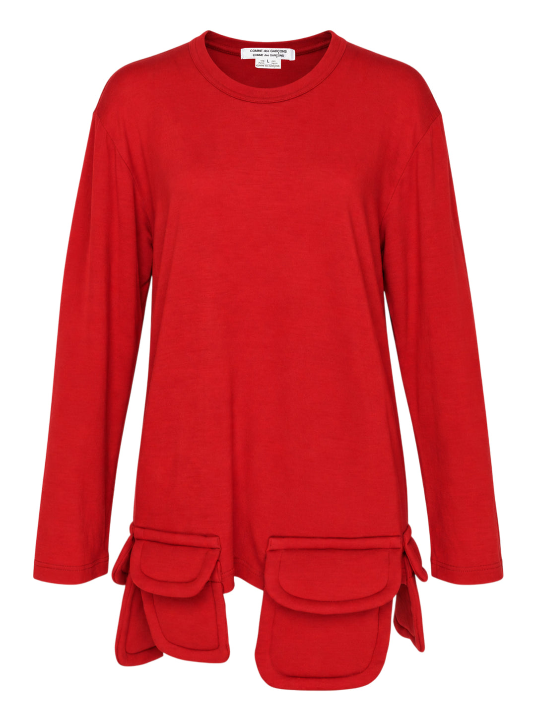 Red Comme des Garçons Comme des Garçons long sleeve jersey top with padded flap pockets and tie details along the asymmetric hem