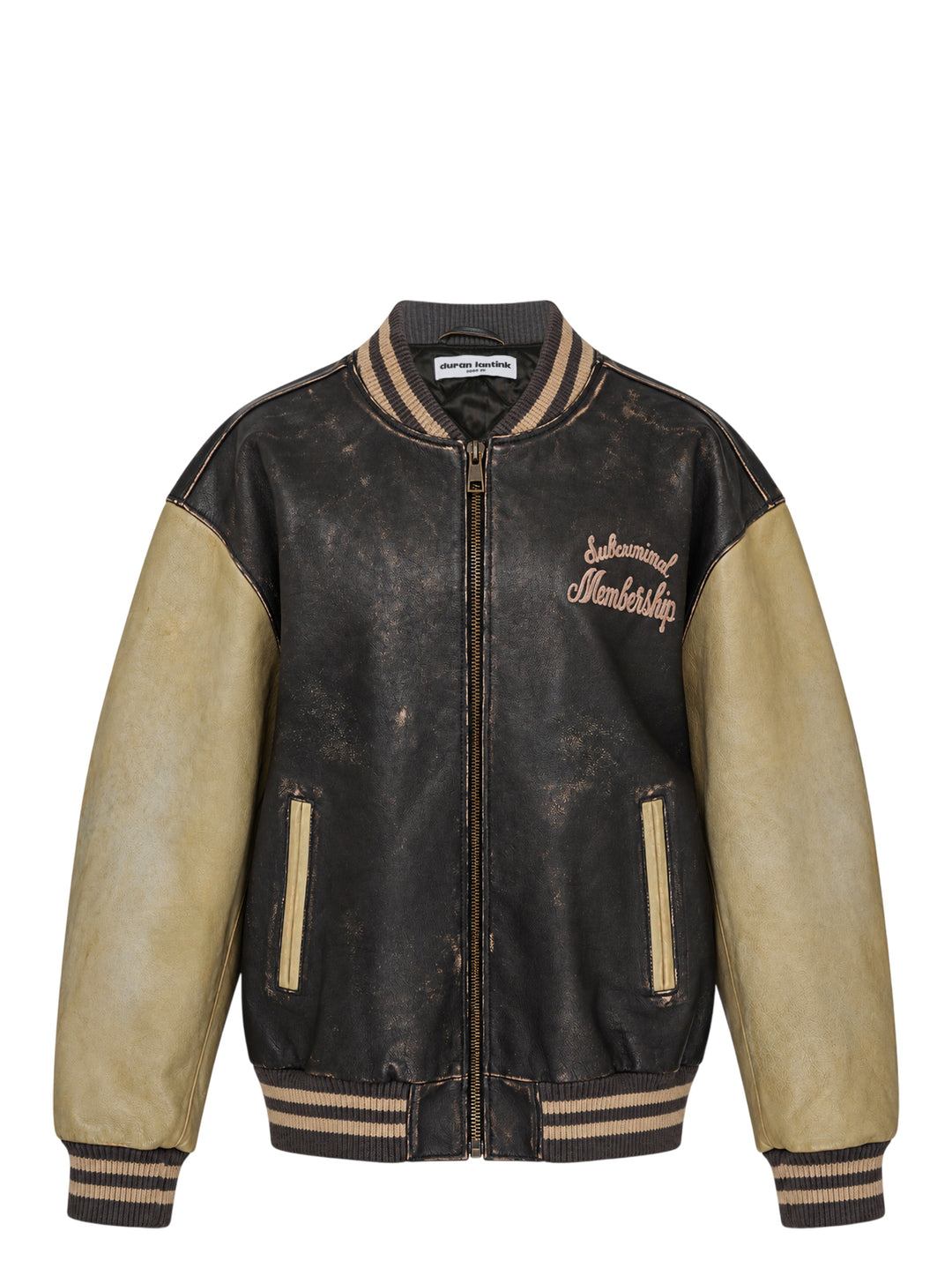 Duran Lantink Duranimal leather bomber jacket in distressed black with sand-coloured sleeves, striped ribbed trims, brass zip and pink script embroidery on the chest