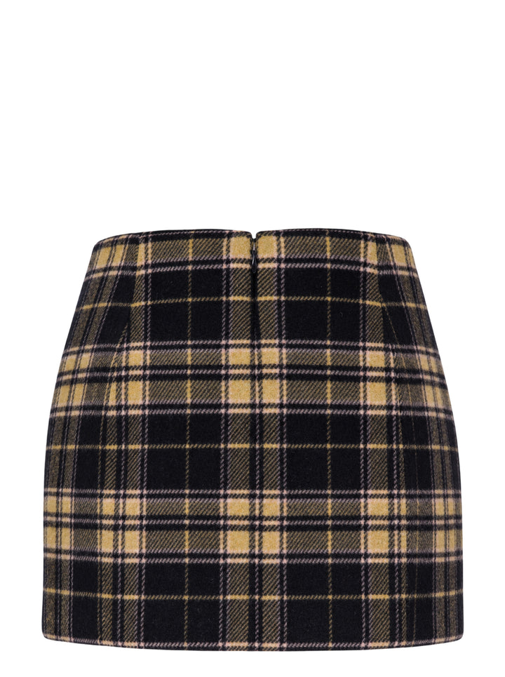 Duran Lantink padded tartan mini skirt in a black, mustard, and olive check pattern, shown flat against a white background - view 2