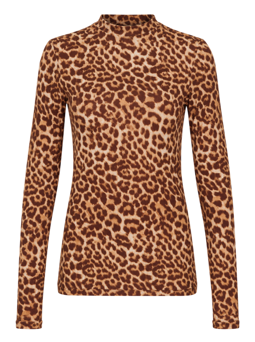 Duran Lantink long sleeve mock neck top in brown and tan leopard print jersey, shown flat from the front