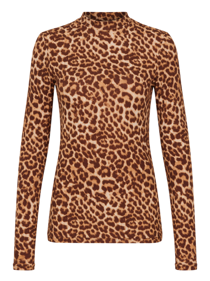 Duran Lantink long sleeve mock neck top in brown and tan leopard print jersey, shown flat from the front