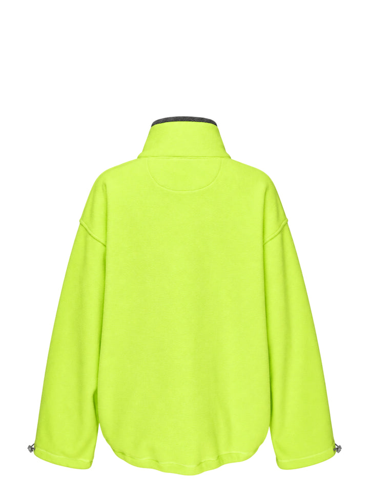 Sandy Liang Ascher pullover in lime green fleece with half-zip front, grey contrast collar, toggle cuffs and woven logo patch - view 2