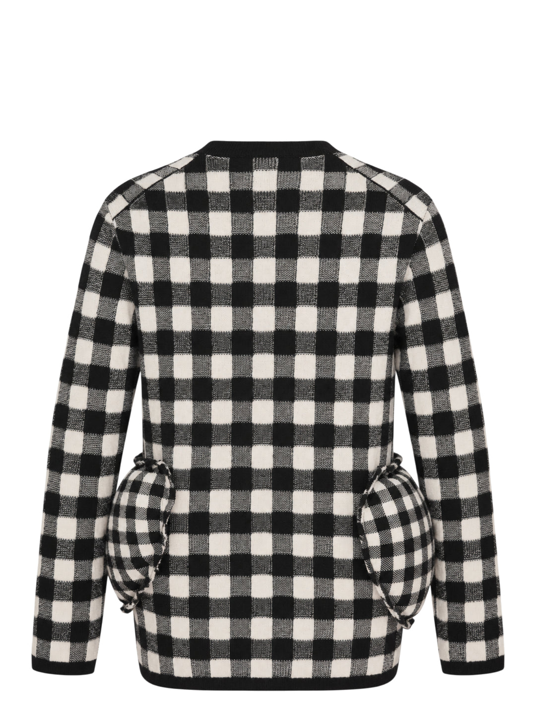 Comme des Garçons black and cream double jacquard gingham crewneck sweater with sculpted gathered pockets at the hips - view 2