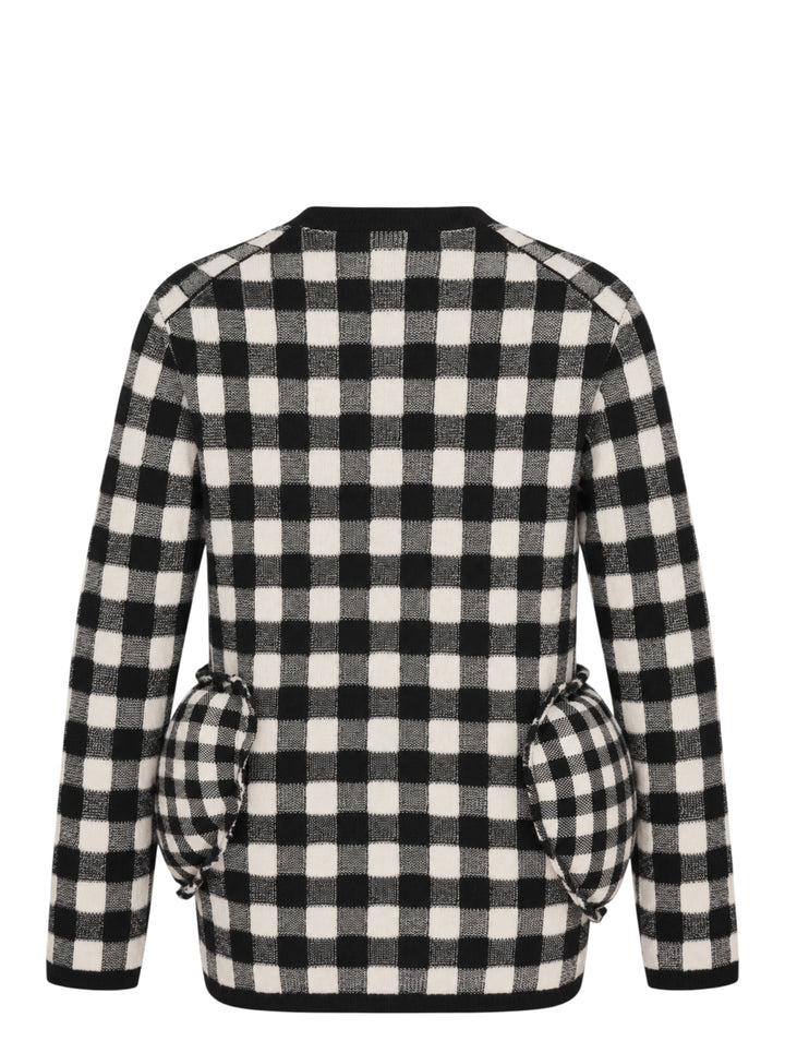 Comme des Garçons black and cream double jacquard gingham crewneck sweater with sculpted gathered pockets at the hips - view 2