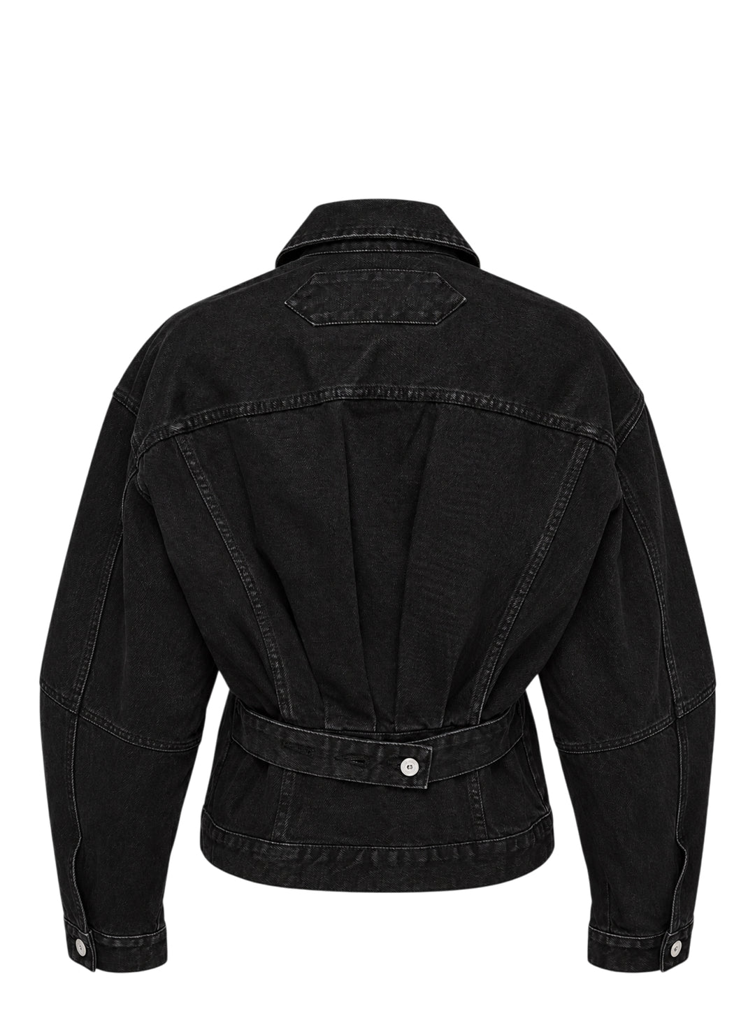 Jacquemus oversized black denim jacket with rounded sleeves, flap chest pockets and pearlised buttons, shown from the front - view 2