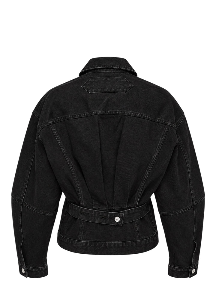 Jacquemus oversized black denim jacket with rounded sleeves, flap chest pockets and pearlised buttons, shown from the front - view 2